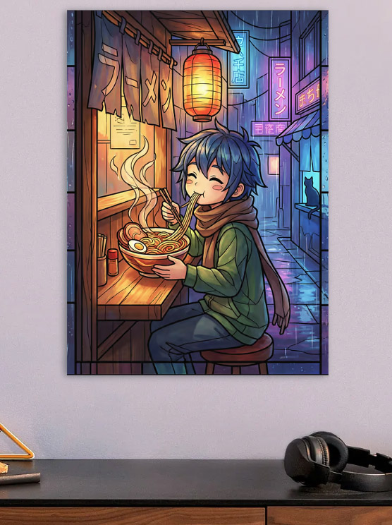 Anime Boy Eating Ramen in Stained Glass — metal poster wall art by Lineer